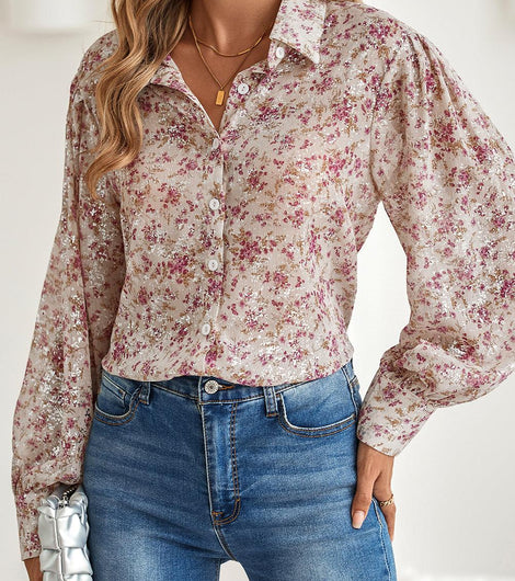 Pink Ditsy Floral Print Bishop Sleeve Collared V Neck Shirt Pink Ditsy Floral Print Bishop Sleeve Collared V Neck Shirt