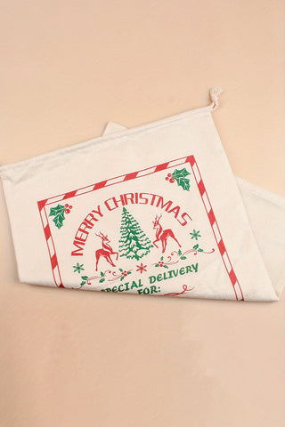 White Christmas Tree and Reindeer Drawstring Gift Bag