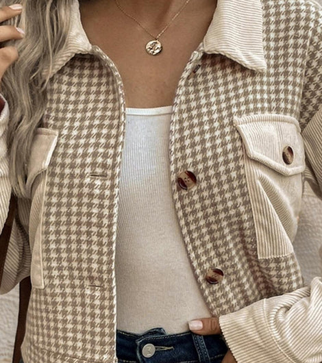 Khaki Houndstooth Patch Pocket Cropped Jacket