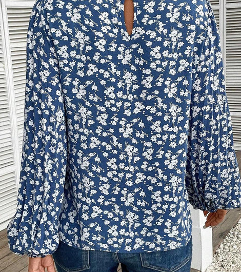 Blue Ditsy Floral Print Lantern Sleeve Blouse