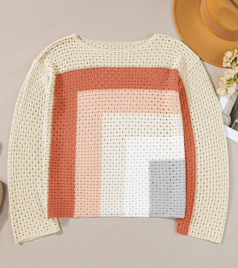 Openwork Color Block Long Sleeve Knit Top