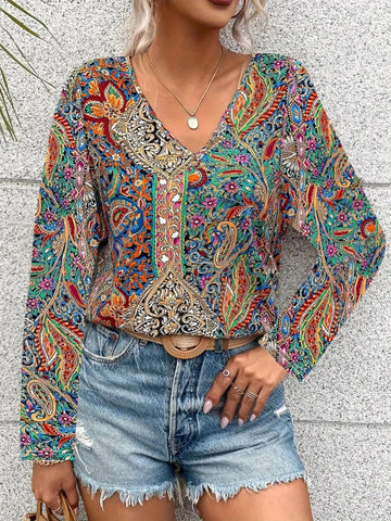 Printed V-Neck Long Sleeve Blouse