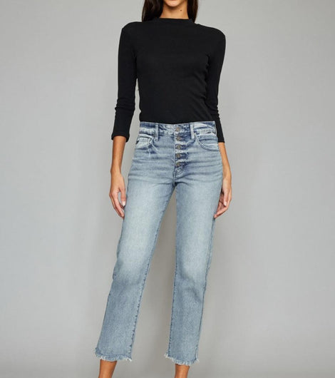 Kancan High Waist Button Fly Raw Hem Cropped Straight Jeans