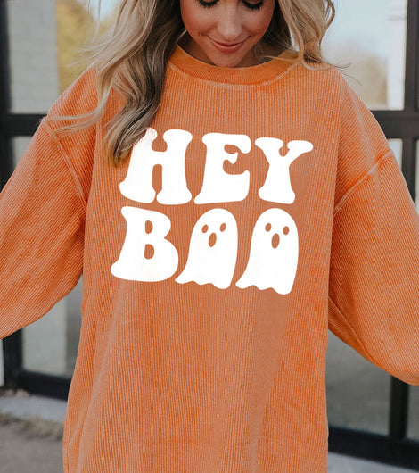 Orange Halloween Hey Boo Ghost Print Ribbed Loose Sweatshirt