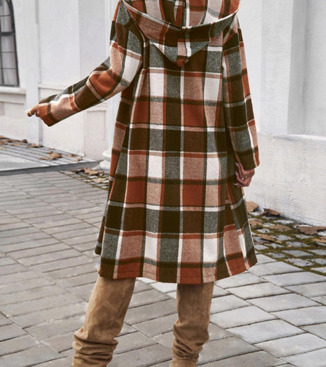 Plaid Long Sleeve Hooded Coat