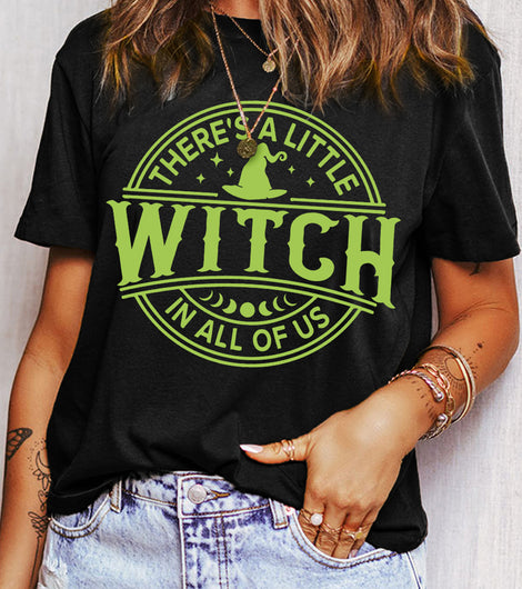 Black WITCH Crew Neck Halloween Graphic T Shirt