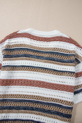 Multicolour Striped V Neck Hollow Knitted Half Sleeve Sweater