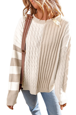 Khaki Cable Knit Colorblock Crew Neck Drop Shoulder Sweater