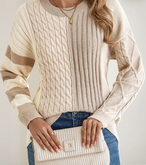 Khaki Cable Knit Colorblock Crew Neck Drop Shoulder Sweater