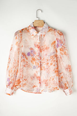 White Floral Print Buttoned Balloon Sleeve Loose Shirt