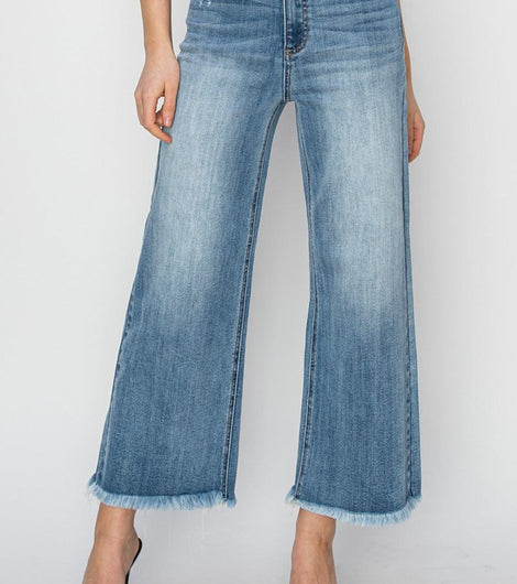 RISEN Raw Hem Cropped Wide Leg Jeans