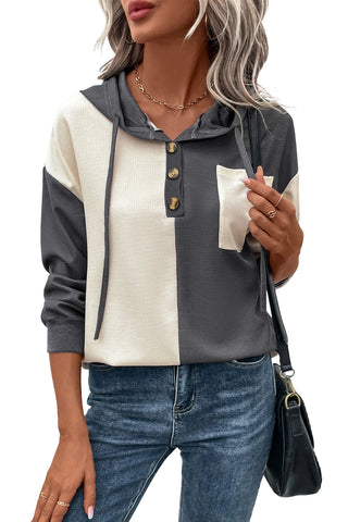 Dark Grey Waffle Colorblock Button Drawstring Hoodie