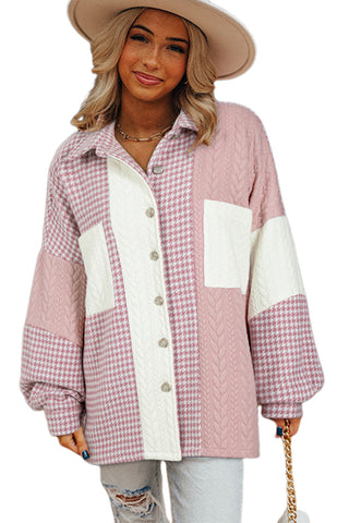 Pink Houndstooth Textured Patchwork Loose Shacket