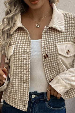 Khaki Houndstooth Patch Pocket Cropped Jacket