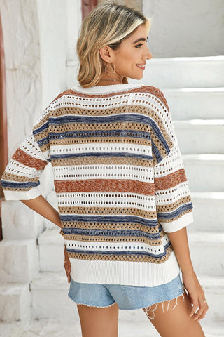 Multicolour Striped V Neck Hollow Knitted Half Sleeve Sweater