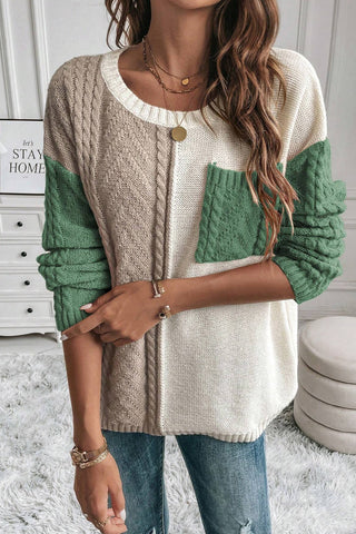 Vineyard Green Colorblock Pocket Drop Shoulder Sweater