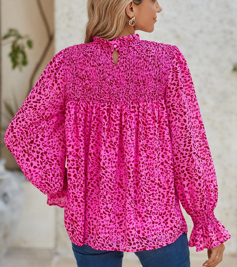 Rose Leopard Shirred Puff Sleeve Flowy Blouse