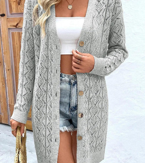 Openwork Button Down Long Sleeve Cardigan