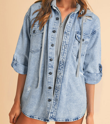 Mist Blue Oversized Hooded Patchwork Denim Jacket