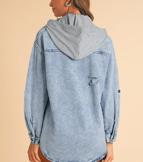 Mist Blue Oversized Hooded Patchwork Denim Jacket