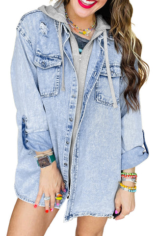 Mist Blue Oversized Hooded Patchwork Denim Jacket