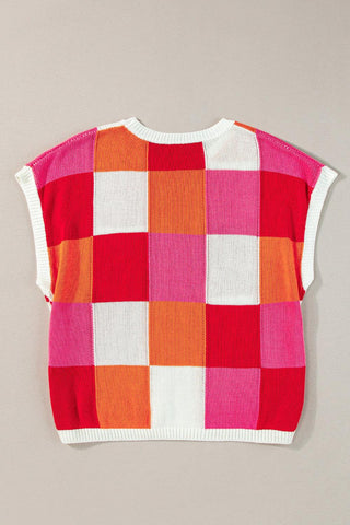 Color Block Round Neck Cap Sleeve Knit Top