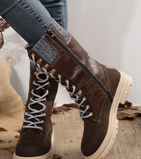 Coffee Wool Knit Patchwork Lace Up Leather Boots