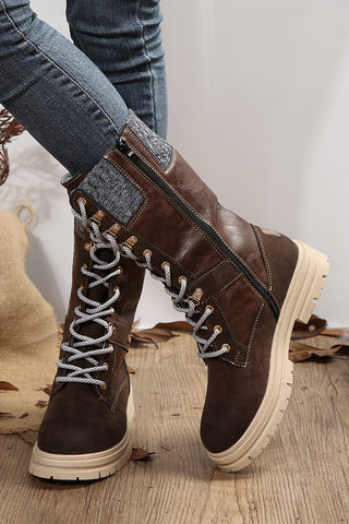 Coffee Wool Knit Patchwork Lace Up Leather Boots