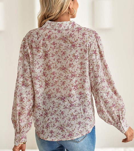 Pink Ditsy Floral Print Bishop Sleeve Collared V Neck Shirt