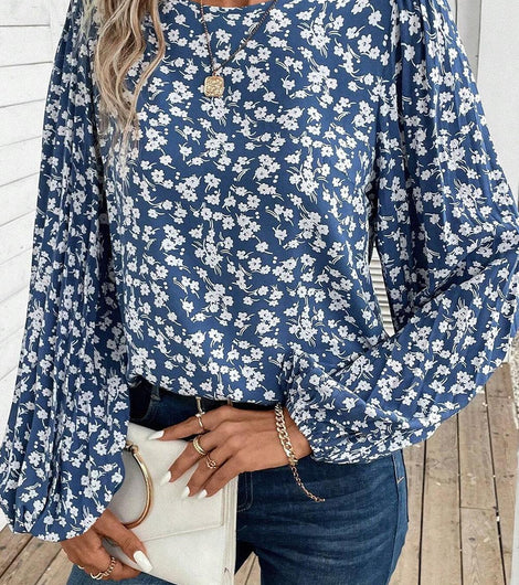 Blue Ditsy Floral Print Lantern Sleeve Blouse