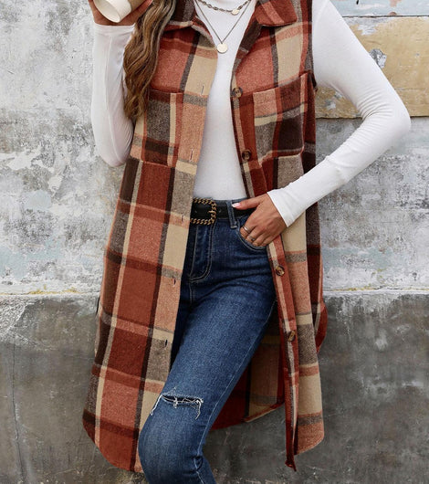 Pocketed Button Up Plaid Vest