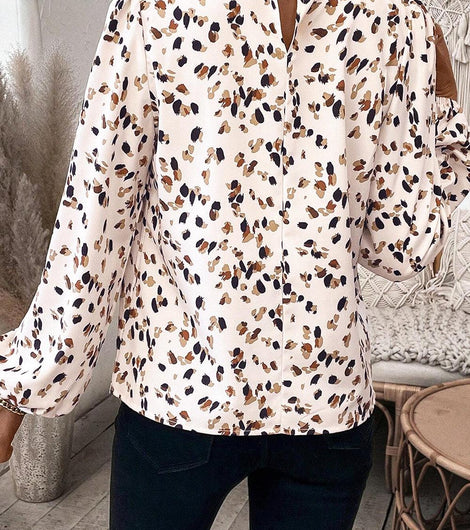 White Leopard Print Puff Sleeve Mock Neck Pleated Blouse