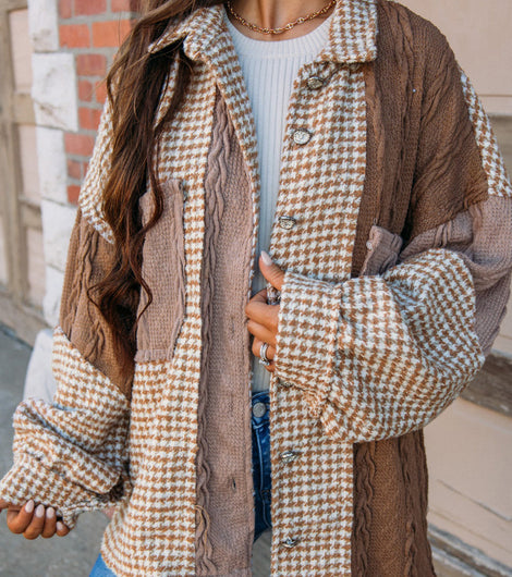 Khaki Houndstooth Textured Patchwork Loose Shacket