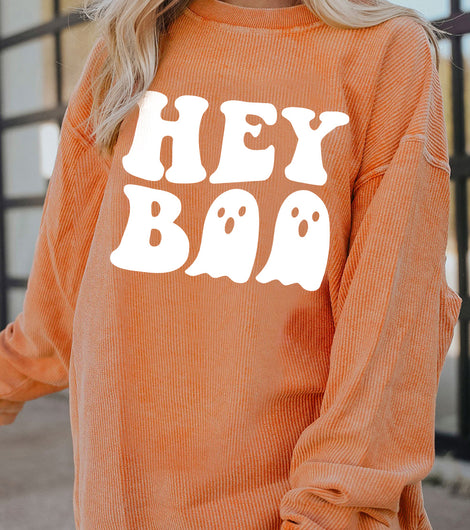 Orange Halloween Hey Boo Ghost Print Ribbed Loose Sweatshirt