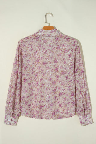 Pink Ditsy Floral Print Bishop Sleeve Collared V Neck Shirt