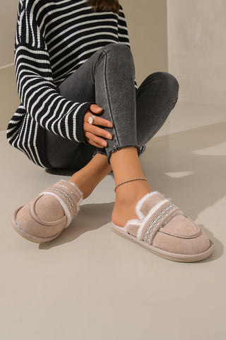 Gray Suede Wavy Striped Plush Lined Home Slippers