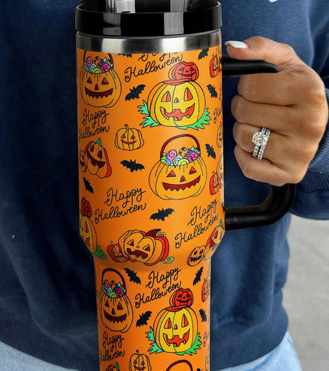 Orange 40oz Halloween Pumpkin Print Handle Tumbler Cup