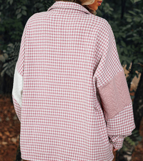 Pink Houndstooth Textured Patchwork Loose Shacket