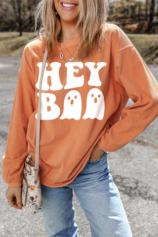 Orange Halloween Hey Boo Ghost Print Ribbed Loose Sweatshirt