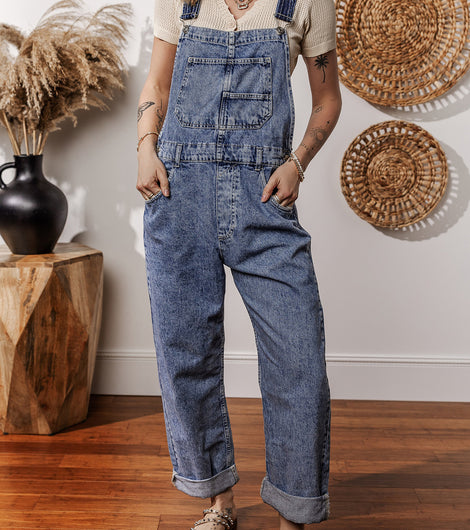 Sail Blue Straight Leg Pockets Denim Bib Overall