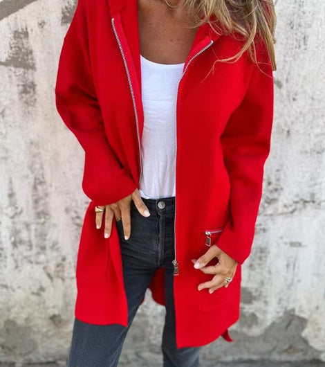 Fiery Red Solid Color Casual Zipper Hooded Jacket