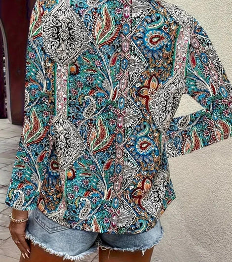 Printed V-Neck Long Sleeve Blouse