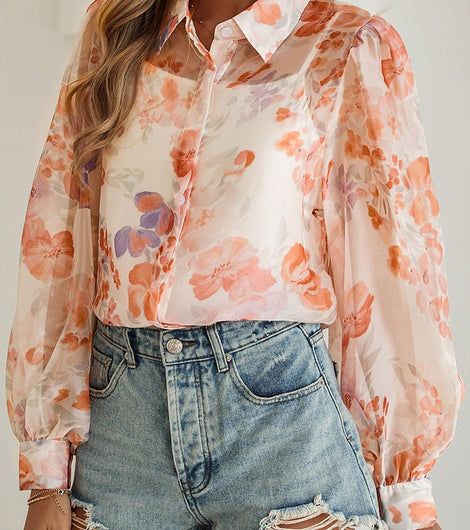 White Floral Print Buttoned Balloon Sleeve Loose Shirt