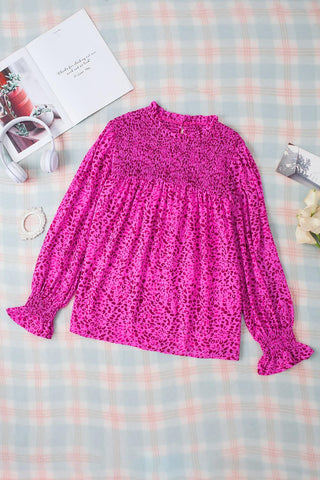 Rose Leopard Shirred Puff Sleeve Flowy Blouse