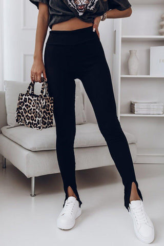 Black Casual Slit Rib Knit High Waisted Leggings - Rebel Chics