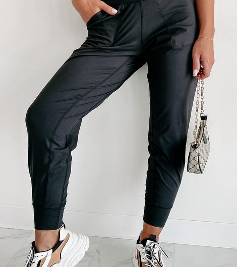 Black Exposed Seam High Waist Pocketed Joggers - Rebel Chics