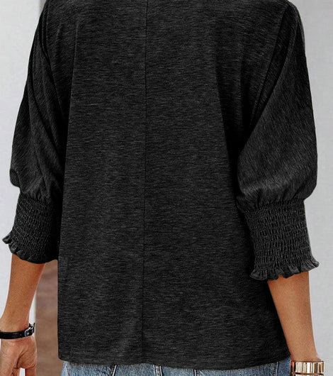 Black Plain Smocked 3/4 Sleeve Casual Loose T Shirt - Rebel Chics