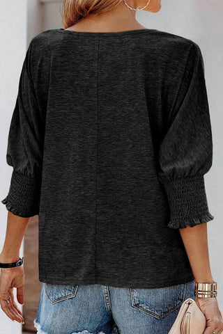 Black Plain Smocked 3/4 Sleeve Casual Loose T Shirt - Rebel Chics