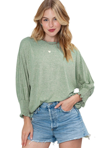 Black Plain Smocked 3/4 Sleeve Casual Loose T Shirt - Rebel Chics