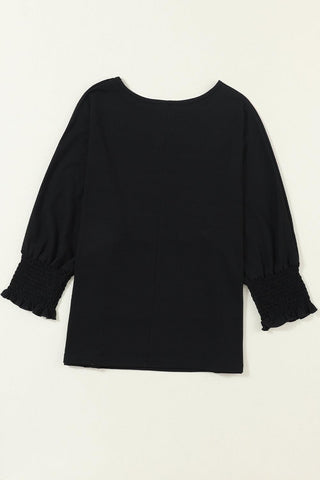 Black Plain Smocked 3/4 Sleeve Casual Loose T Shirt - Rebel Chics